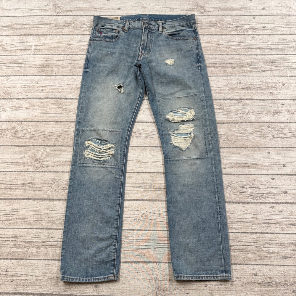 Vintage 90s Polo Ralph Lauren Jeans Men's 32x32 Blue Denim Straight Distressed